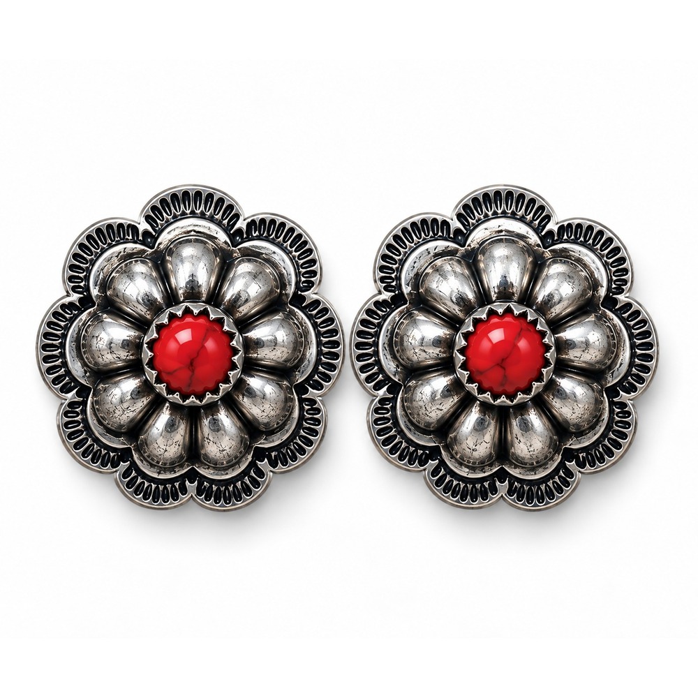 Red Howlite Concho Flower Stud Earrings Silver Tone Western Cowgirl Floral